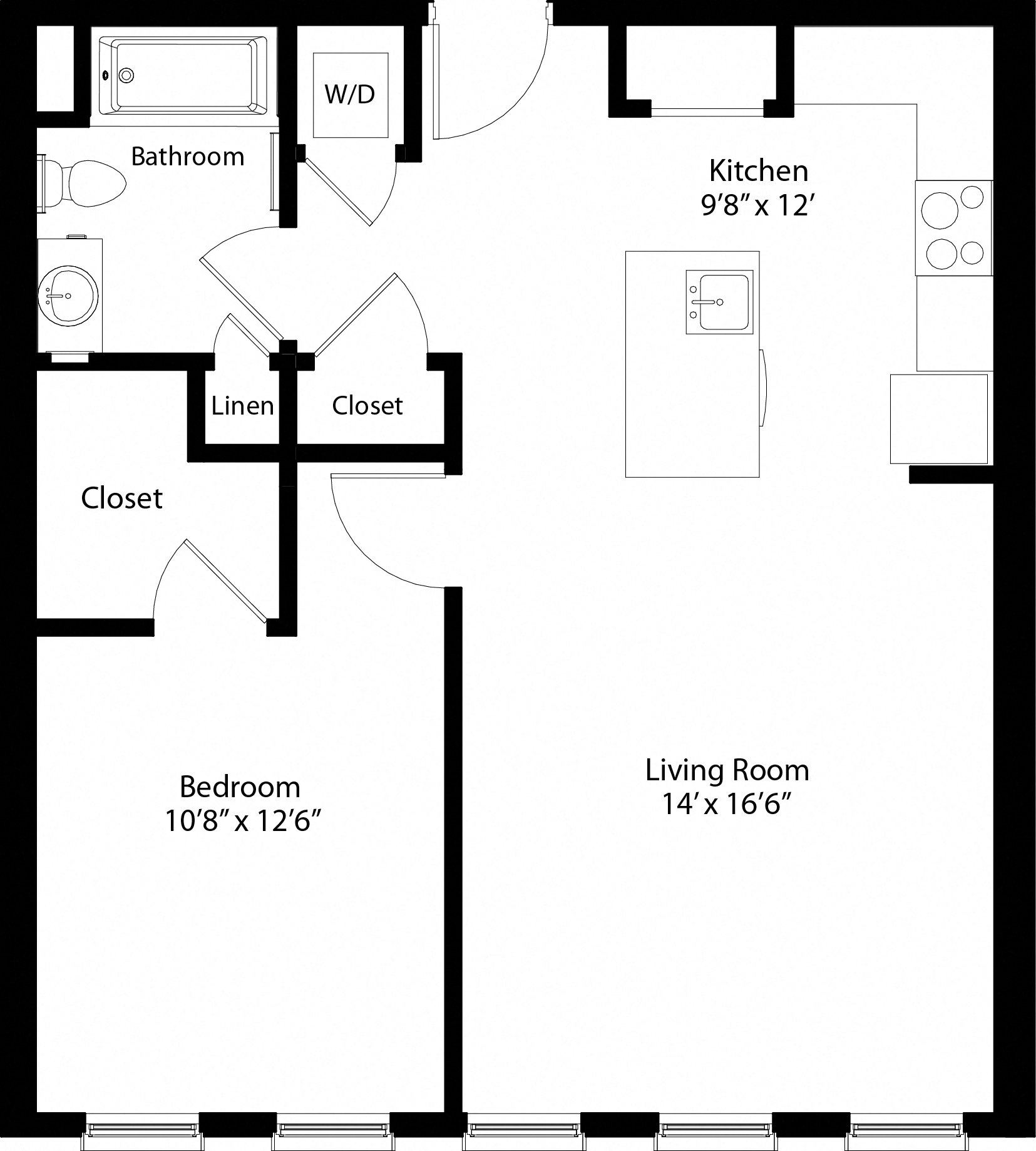 Floor plan for 1 bed, 1 bath, 682 sqft